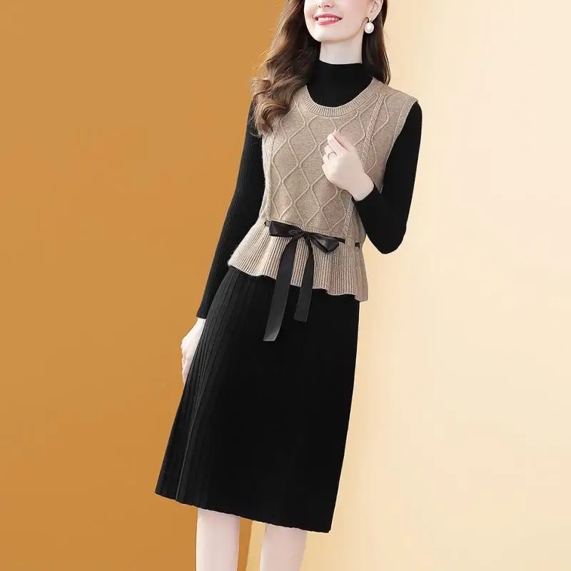 

Women Knitted Vest Shirt Dress New Half High Collar Long Sleeve Fashion Two Piece Basic Suits Autumn and Winter 2022 New T47