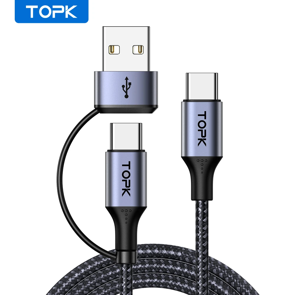 TOPK 60W PD USB-A/C к USB C кабель QC & PD 2-в-1 Быстрая зарядка 3.1A Type C к USB адаптеру для MacBook Pro 2020/2019 iPad Pro и т. Д.