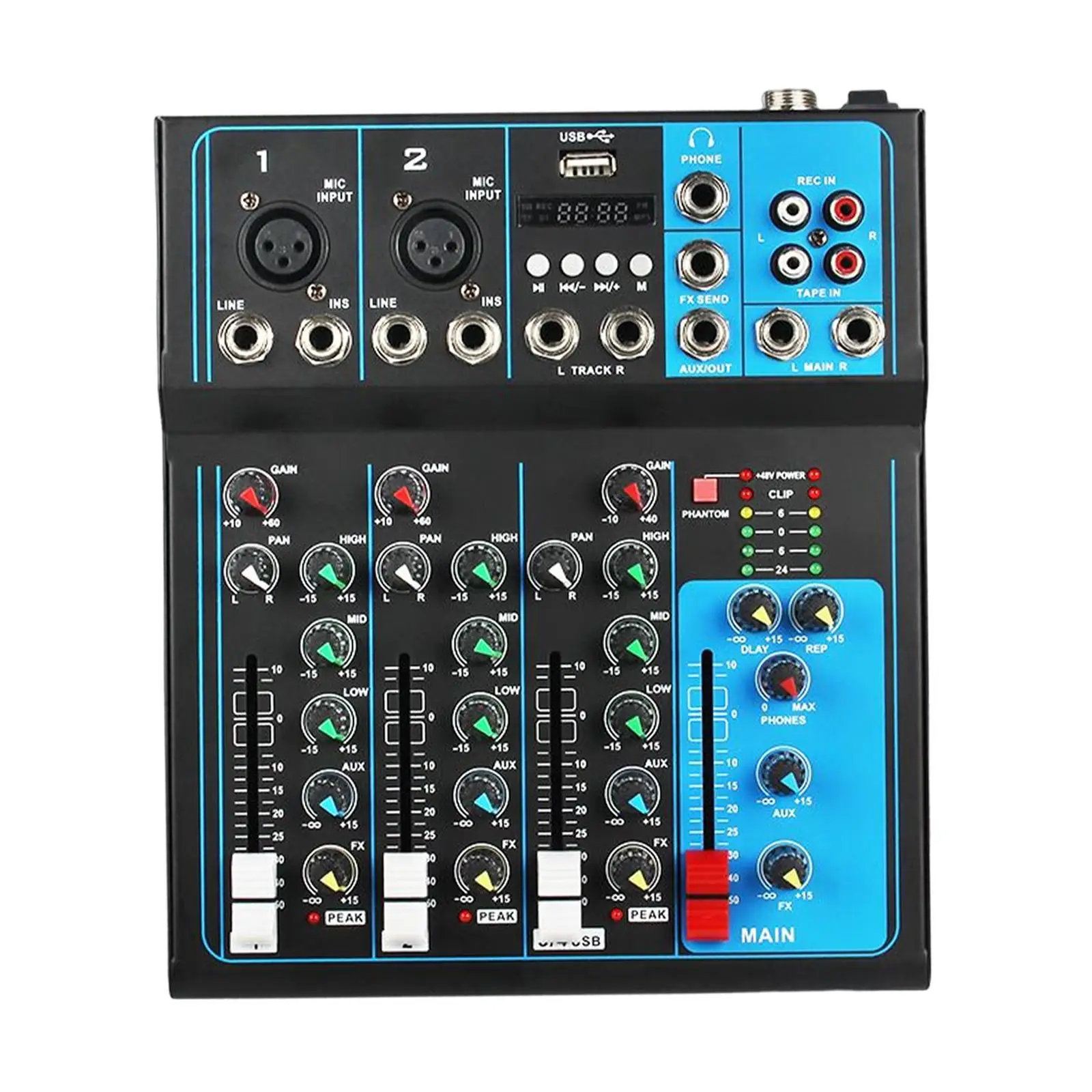 

DJ Mixer Board 4 Channel Portable Small Audio Mixer US 110V Durable for Family KTV, Campus Speech, Meeting Black