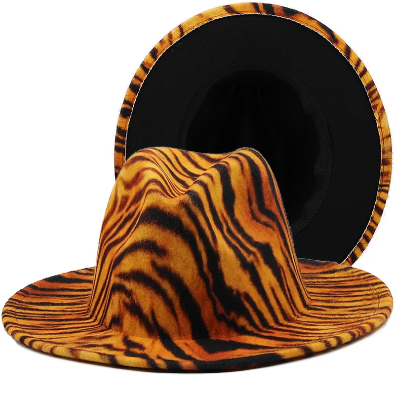 

2022 Wide Brim tiger stripe Fedora Ladies Wool Felt Hat Women Men Party Trilby Jazz Church Hats Patchwork Panama Cap