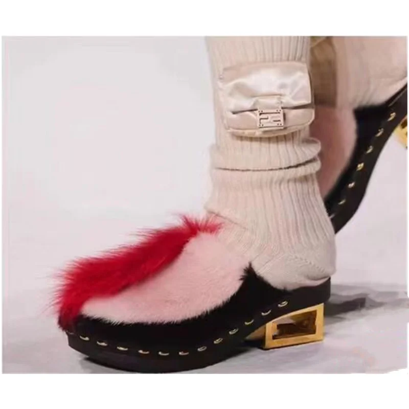 Осенние модные женские тапочки цветной контраст/мех норки/Сращивание/полый