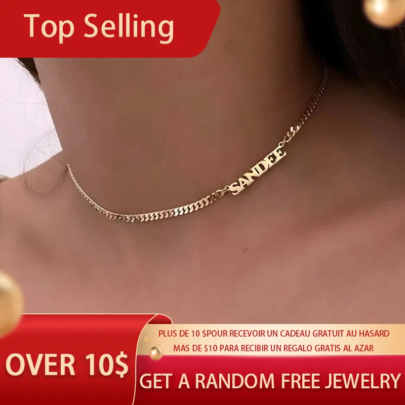 

Custom Sideways Name Necklaces Pendants Stainless Steel Jewelry Cuban Chain Personalized Nameplate Choker Women Handmade Gifts