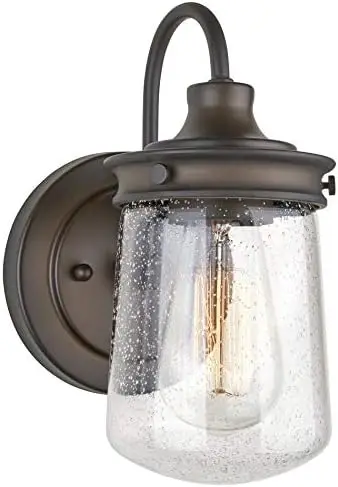 

10" Industrial Farmhouse Sconce/Light, Seeded Glass Shade, Dimmable, Oil Rubbed Bronze Finish Room decorations for men Wood dec