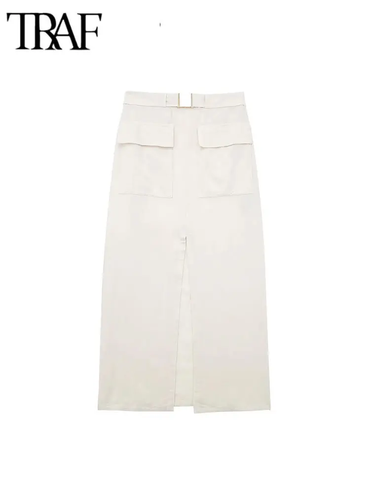 

TRAF 2023 Women Pocket Working Style Midi Long Skirts Split Vintage High Waist Autumn Causal Elegant Slim A-Line Skirt