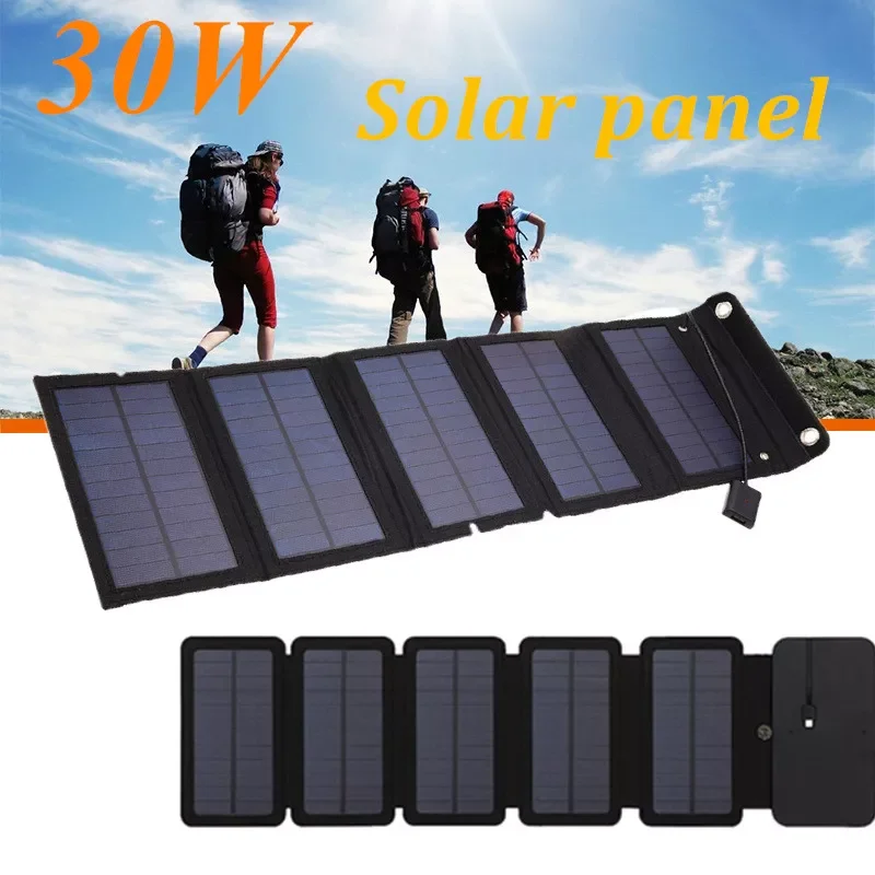 

NEW2023 30W Foldable USB Solar Panel Monocrystal Solar Cell Folding Waterproof 5 Panels Charger Outdoor Mobile Power Battery Cha