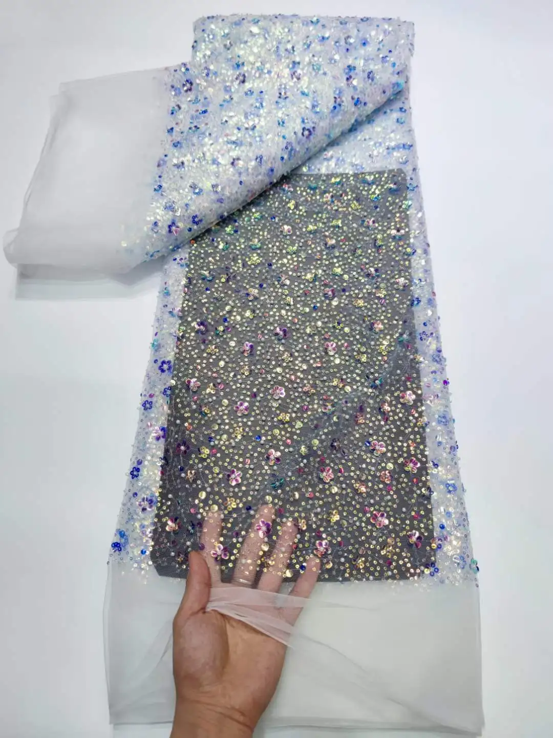 

Swiss Luxury Fashion Pearl Tulle Lace Fabric 5 Yards High Quality Sequin s African Lace Nigerian For Wedding Bride Dress Sew