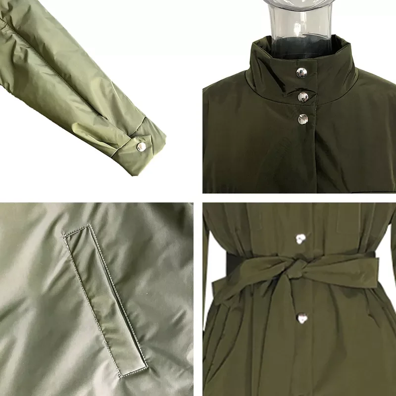 2022New Spring Single Breasted Parkas Women Fashion Stand Collar Coat Women Solid Tie Belt Simple Cotton Jackets Female Ladies