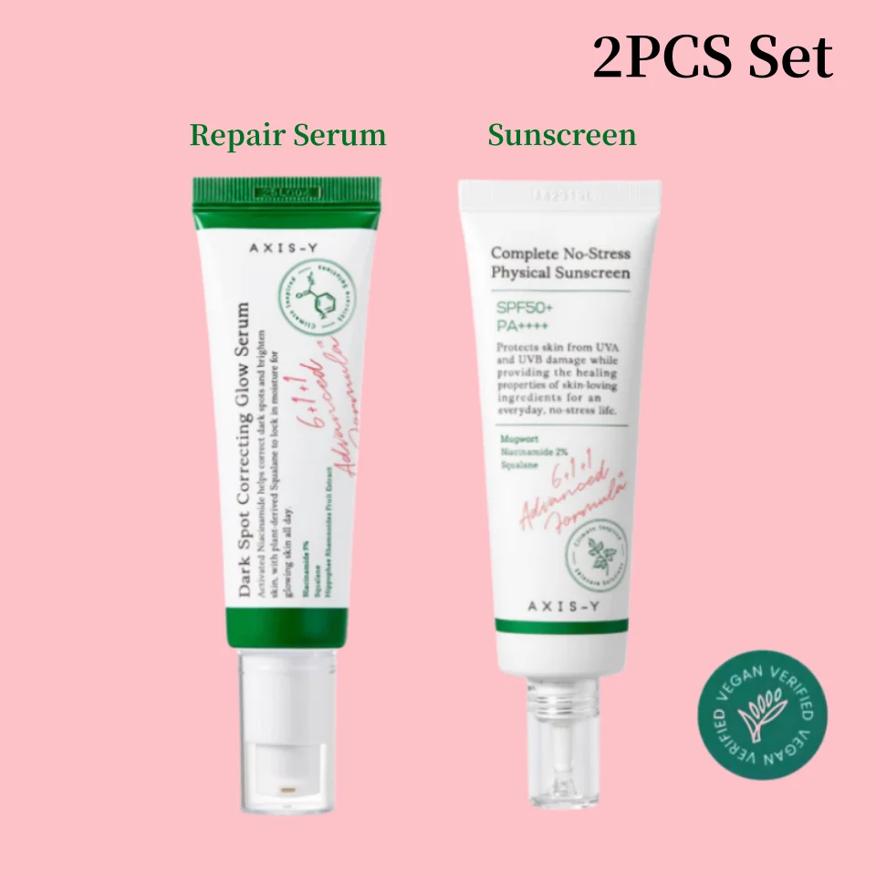 

2PCS Axis-Y Dark Spot Correcting Glow Serum 50ml& SPF50+ Complete No-Stress Physical Sunscreen 50ml Repair Redness Face Care