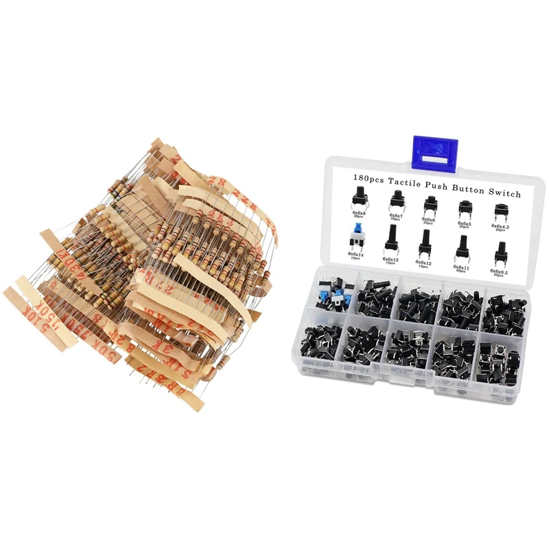 

Practical 500Pcs 50 Values 1/2W 0.5W 5% Carbon Film Resistors Set & 1 Set Tactile Push Button Switch Micro-Trigger Assortment