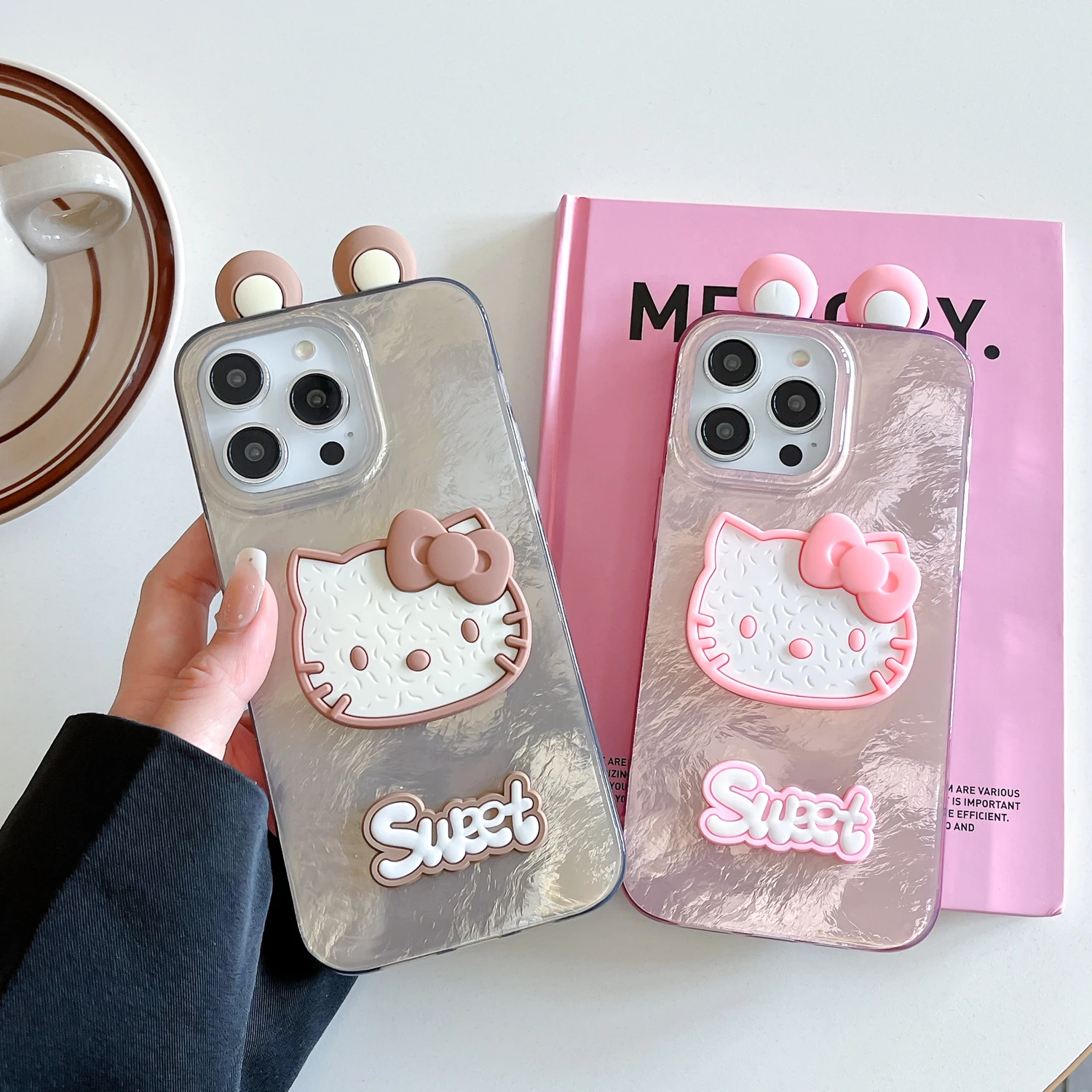 Мягкий чехол из ТПУ для iPhone 16 15 14 13 Max Plus с милыми 3D ушками Hello Kitty текстура ледника