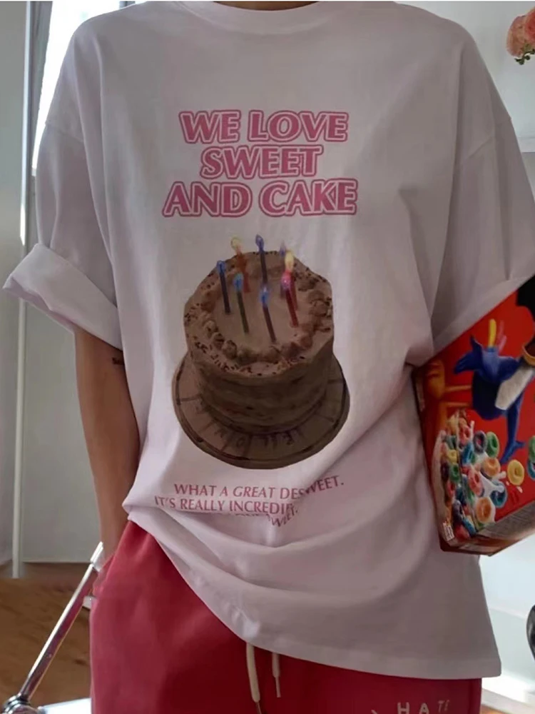 

Cake Print Graphic T-Shirts Woman 2022 Summer Short Sleeve O-Neck Cotton Tshirt Tops Femme Casual Vintage Simple Tee Shirts