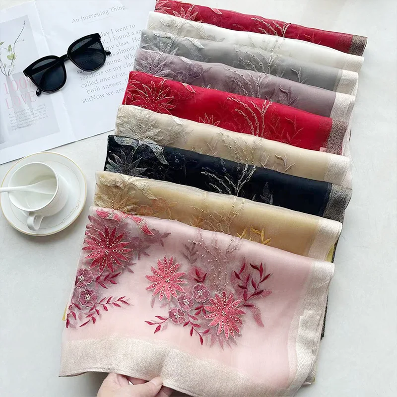 

New Silk Embroidery Scarf Wool Shawl Cheongsam Handmade Red National Style Long Stripe Holiday Gift for Friends and Girls