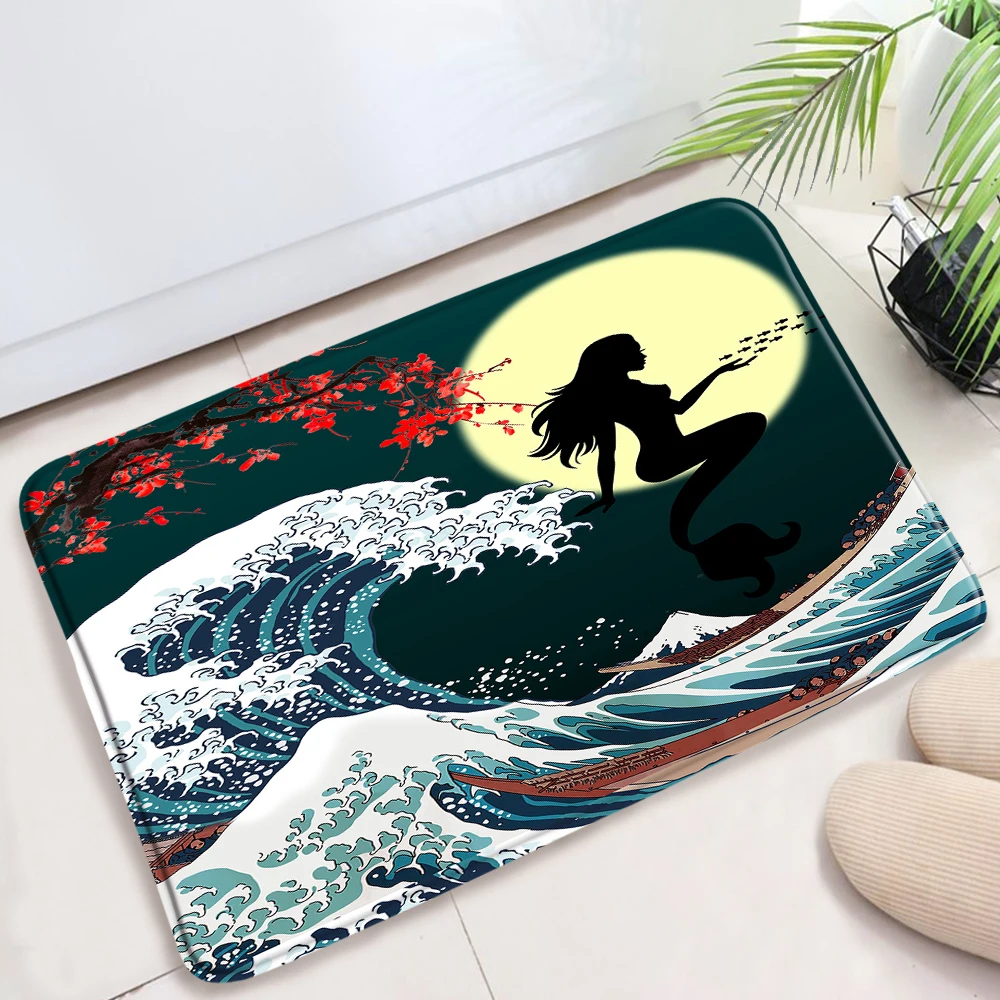 

Sea Wave Moonlit Cherry Blossom Bath Mat Creative Scenery Home Decor Doormat Bathroom Absorbent Anti-slip Bathtub Mat Rug Carpet