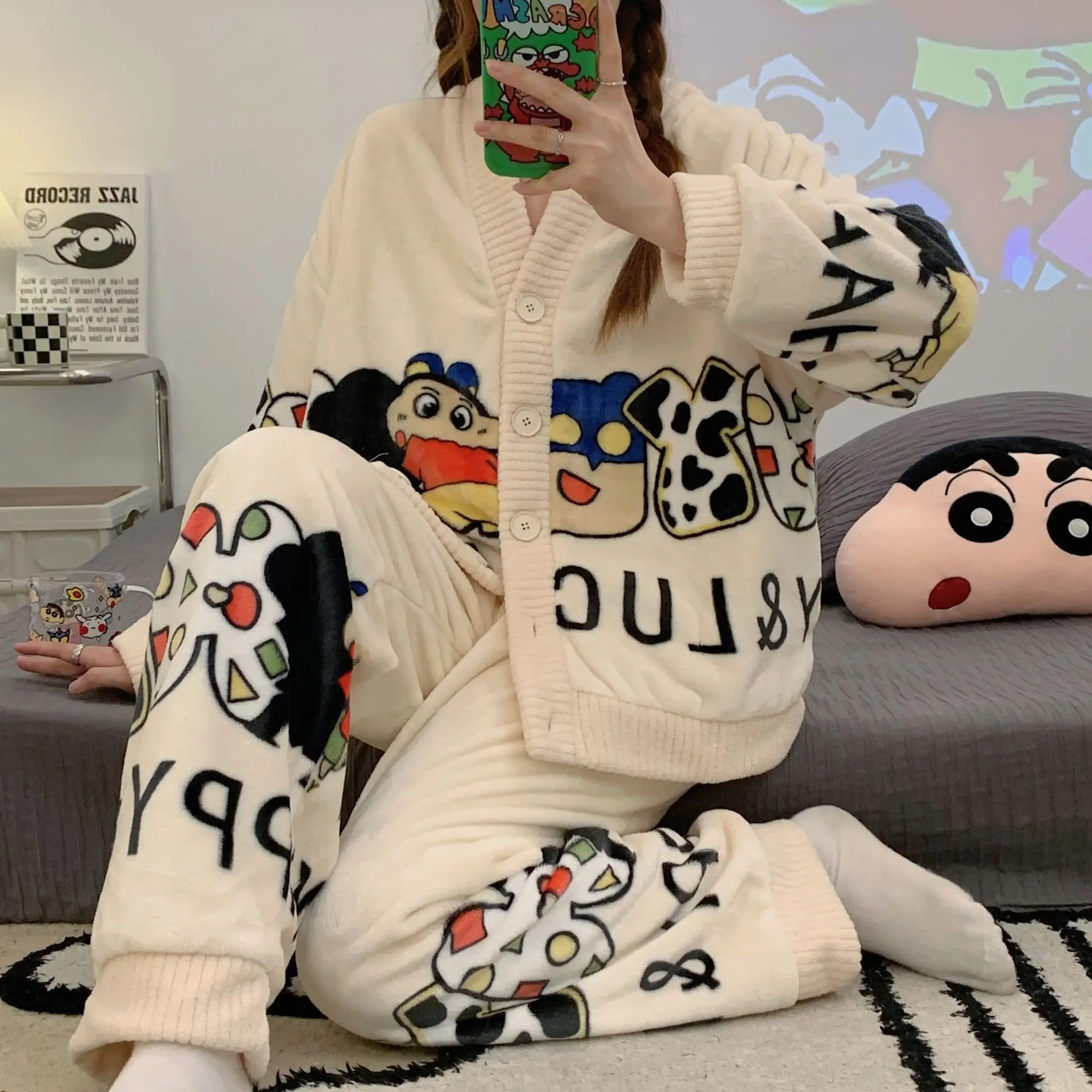 2pcs Women Sweet Cartoon Flannel Cardigan Pajamas Set Winter Warm Nightwear Female Sleepwear Suit Fleece Fashion Loungewear