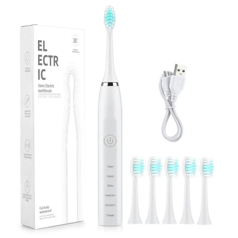 Sonic Electric Toothbrush USB Charge Rechargeable Toothbrushes Washable Electronic Whitening Adult Teeth Brush with 6 Brush-Head