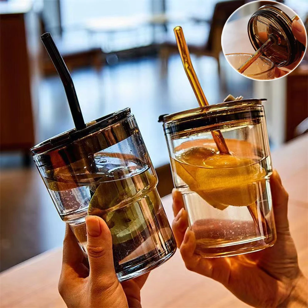 

450L Coffee Cup Lead-free Glass with Lid Ins Simple Men Women Drinks Beer Mug for Drinking Creative Water Bottle Glasses Gift