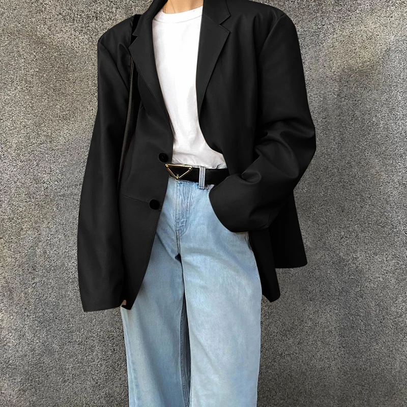 2023 Fall PU Leather Jacket Women's Black Single-breasted Blazer Ladies Casual Oversized Khaki Jacket High Street Jacket Femme