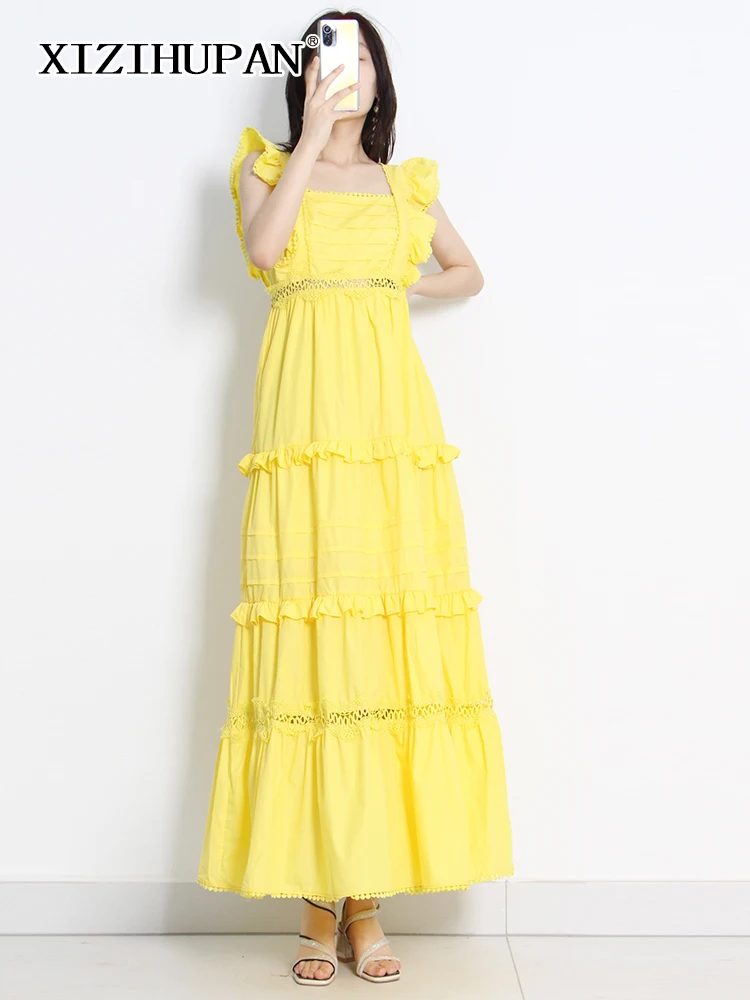 

XIZIHUPAN Patchwork Ruffle Trim Dress For Women Square Collar Sleeveless High Waist Solid Minimalist Midi Dresses Female Clothes