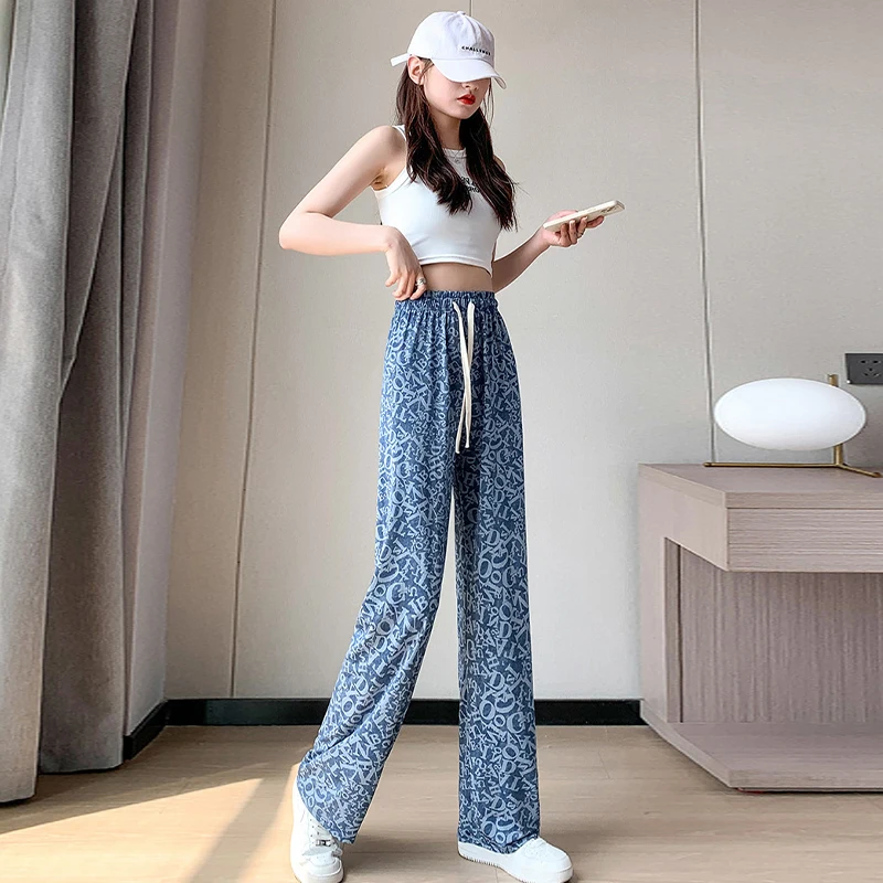 Модные повседневные свободные джинсы из ледяного шелка с высокой талией и