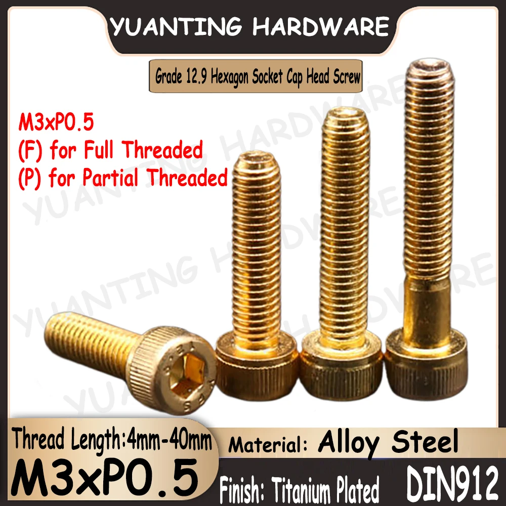 

10Pcs~30Pcs M3xP0.5 DIN912 Grade 12.9 Alloy Steel Titanium Plated Hexagon Socket Knurled Cap Head Screw Allen Key Bolts