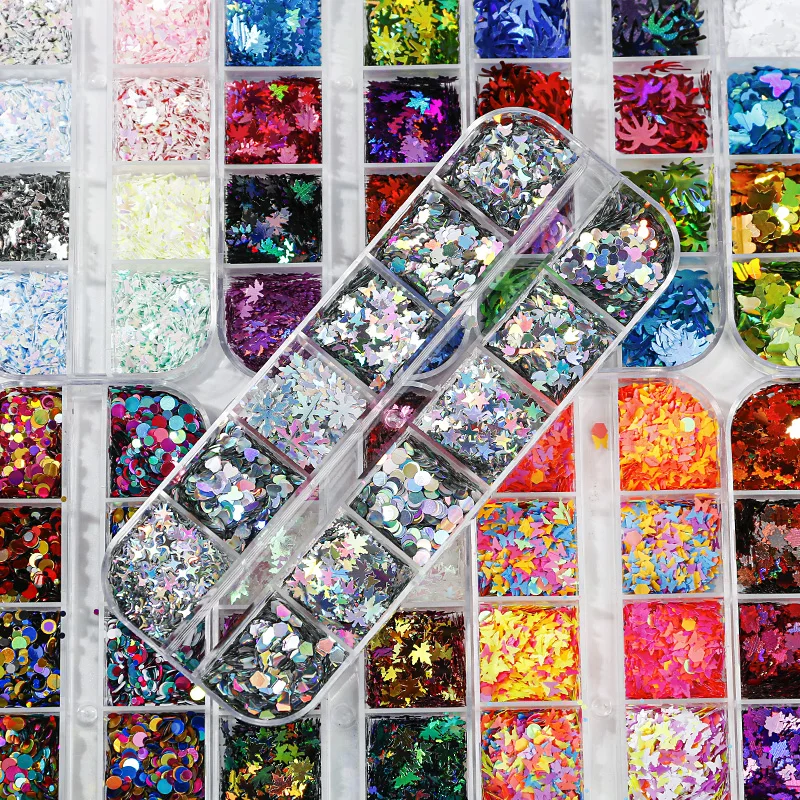 

12 Grids/Box Laser Love Heart Butterfly Nail Sequins Mix Color Sparkle Nail Glitter Flakes 3D Ultrathin Sequins Nail Accessories