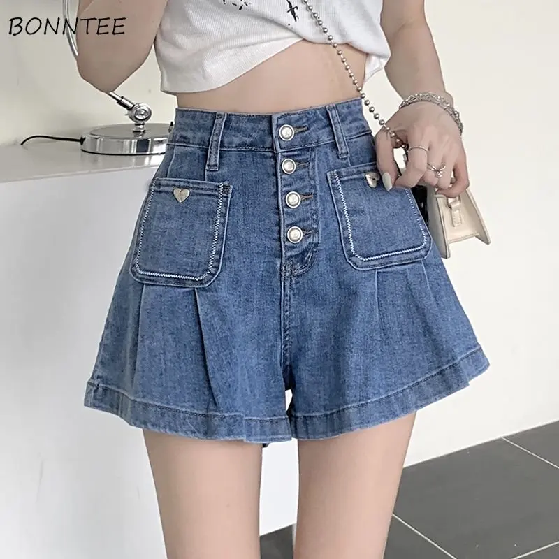 

Летние джинсовые шорты с высокой талией, женские дизайнерские шикарные популярные милые уличные шорты в стиле ольччан со складками, модные Универсальные шорты Y2k в стиле Харадзюку