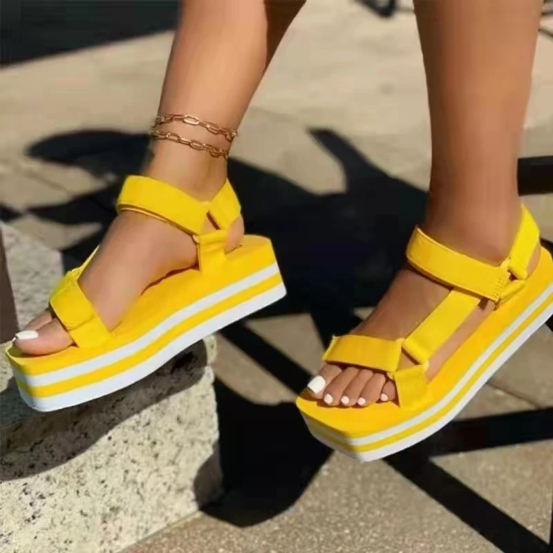 

2022 NEW Sexy Stitching Color Summer New Style Square Toe Thick-soled Hollow Velcro Platform Shoes Outdoor Women's Sandals