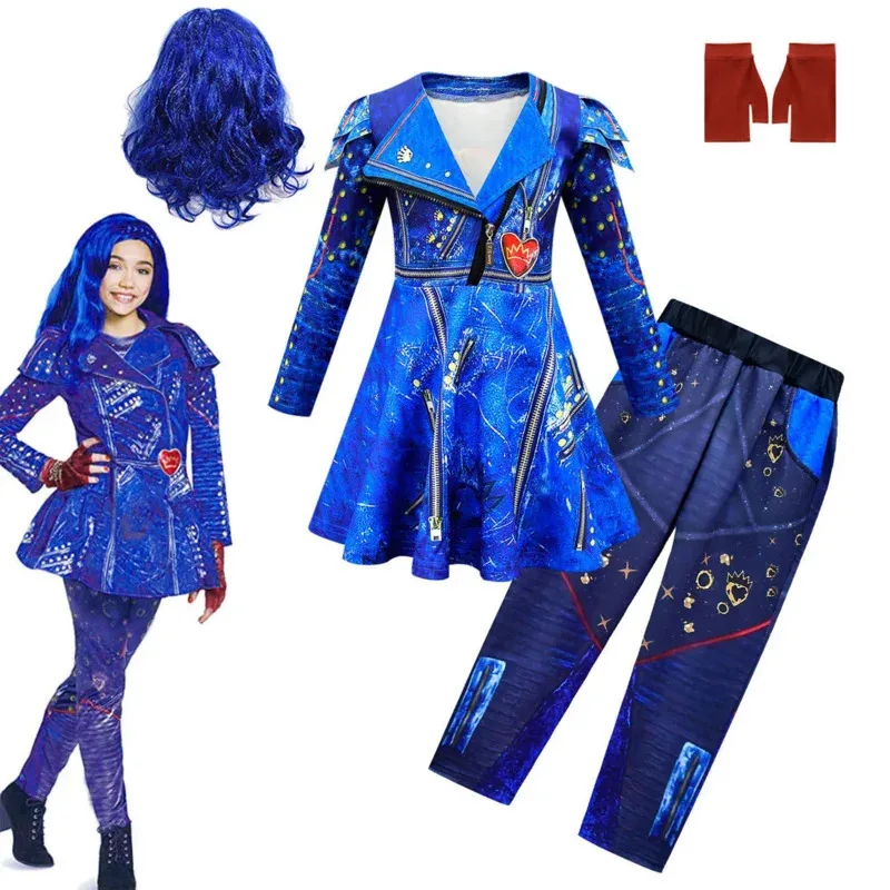Фото Детский костюм на Хэллоуин для девочек, костюмы для косплея Evie Mal Descendants 3, костюмы для косплея с париком, рождественское карнавальное праздничное платье, комплект брюк NM31 №1