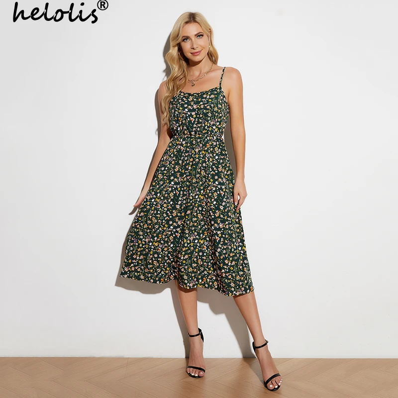 

Printed Dresses for Women 2023 New Summer Camisole Sleeveless Elastic Waist Vintage Midi Dress Fashion Beach Female Clothing