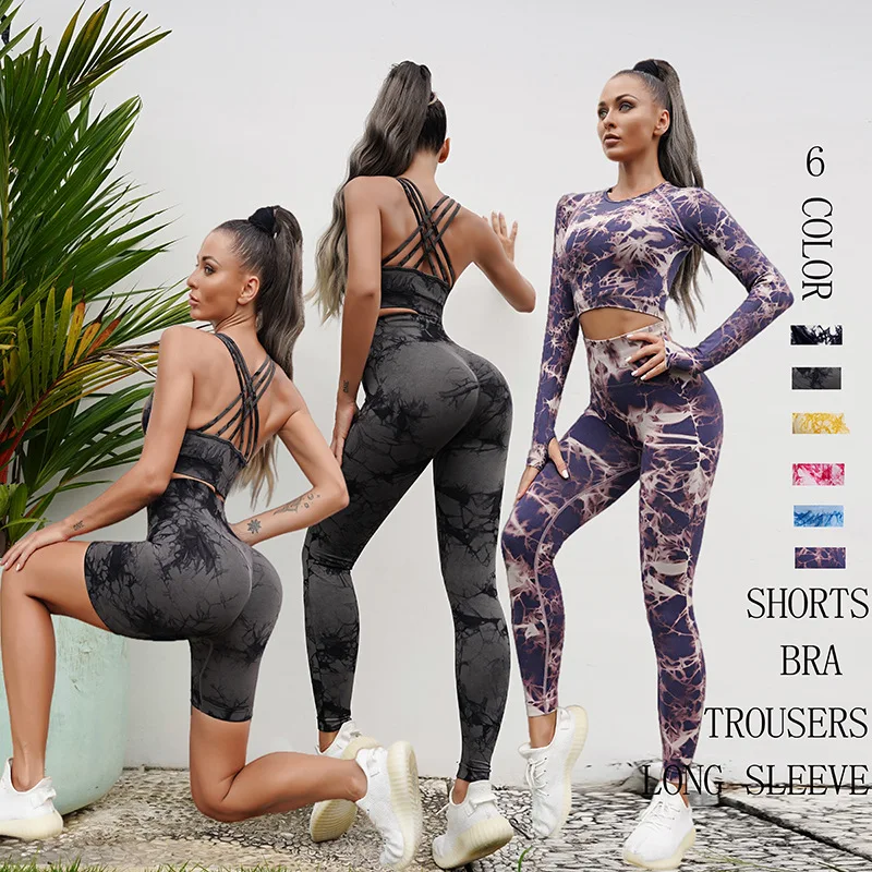 

1/2PCS Women Yoga Set Seamless Gym Set Sportswear Fitness Tie Dye Long Sleeve Sexy Bra Push Up Leggings Sport Suits Tracksuits
