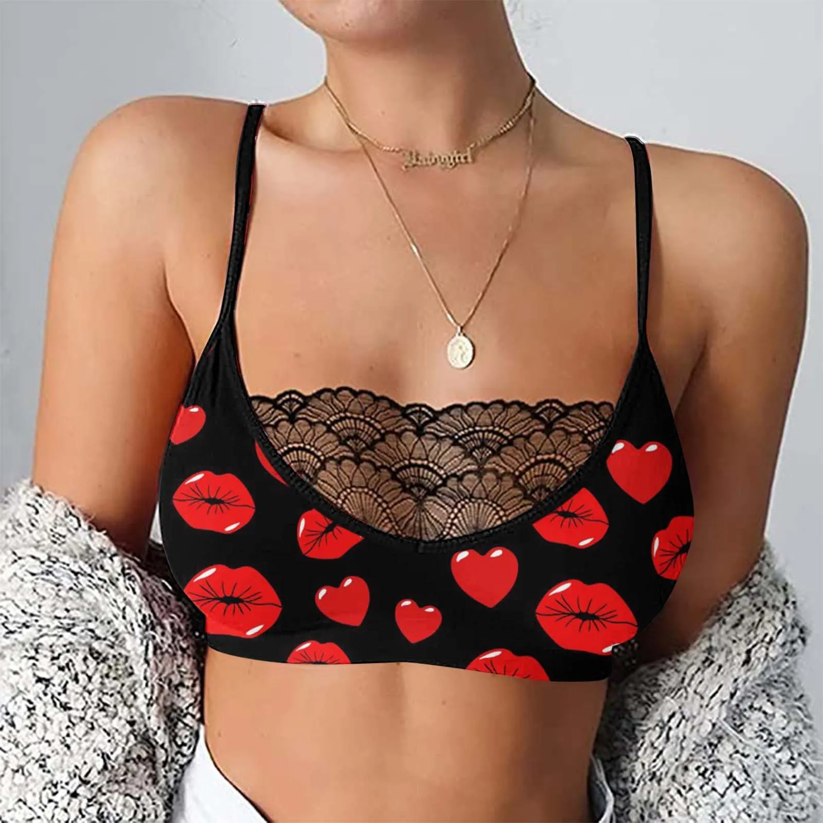 Женский короткий топ с принтом Love готический черный без рукавов кружевная