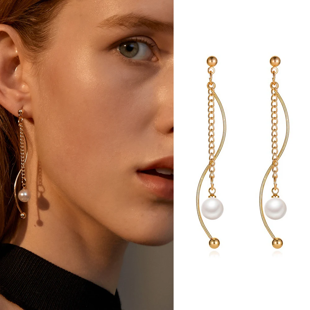 

Long Tassel Simulated Pearl Drop Earrings for Women Gift Bijoux Korean jewelry OL Gold Color Pendientes boucle d'oreille