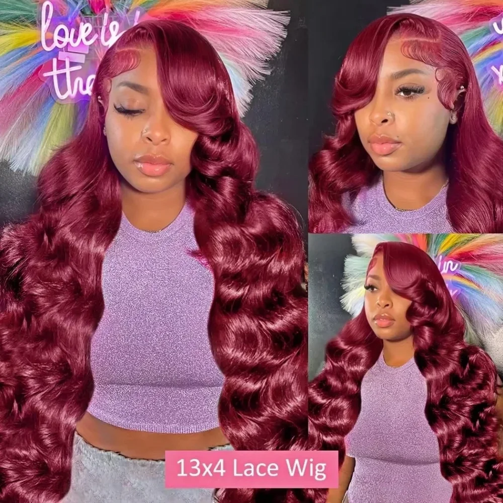 99J Burgundy Body Wave Wig 13x4 13x6 HD Lace Human Hair Front Pre Plucked 200 Density Red Colored Frontal Curly Wigs For Women