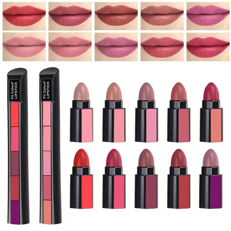 

5 In 1 Matte Lipstick Long Lasting Sets Velvet Colorful Smooth and Fine Texture Waterproof Non-stick Cup Red Lipstick Lip Makeup