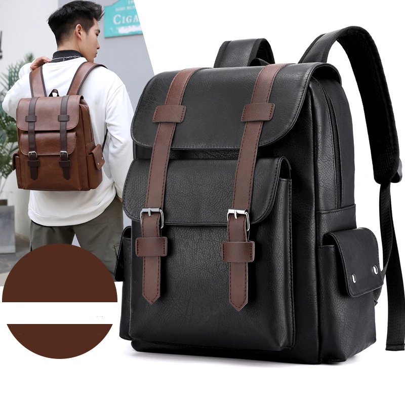 

2023 Men Backpack PU Leather Bagpack Large Laptop Backpacks Male Mochilas Black Schoolbag for Teenagers Boys Brown Sac A Dos