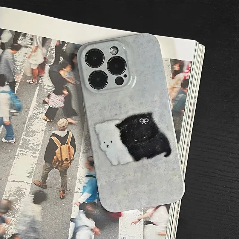 Черно-белый чехол для телефона с милым маленьким котом и мультяшным рисунком IPhone