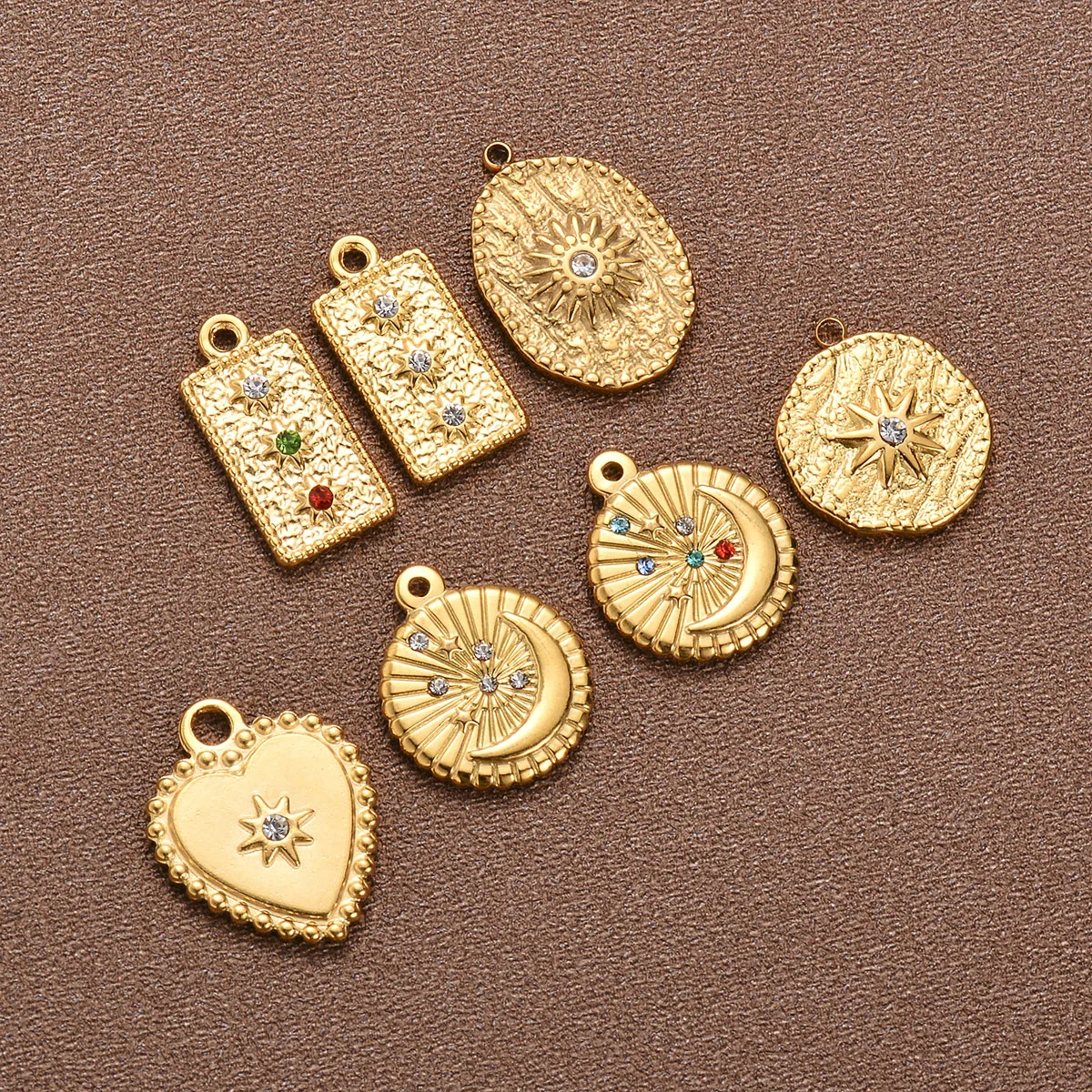 6pcs/lot Stainless Steel Gold Round Square Heart Rhinestones Pendant Charms for Necklace Findings DIY Jewelry Making Accessories