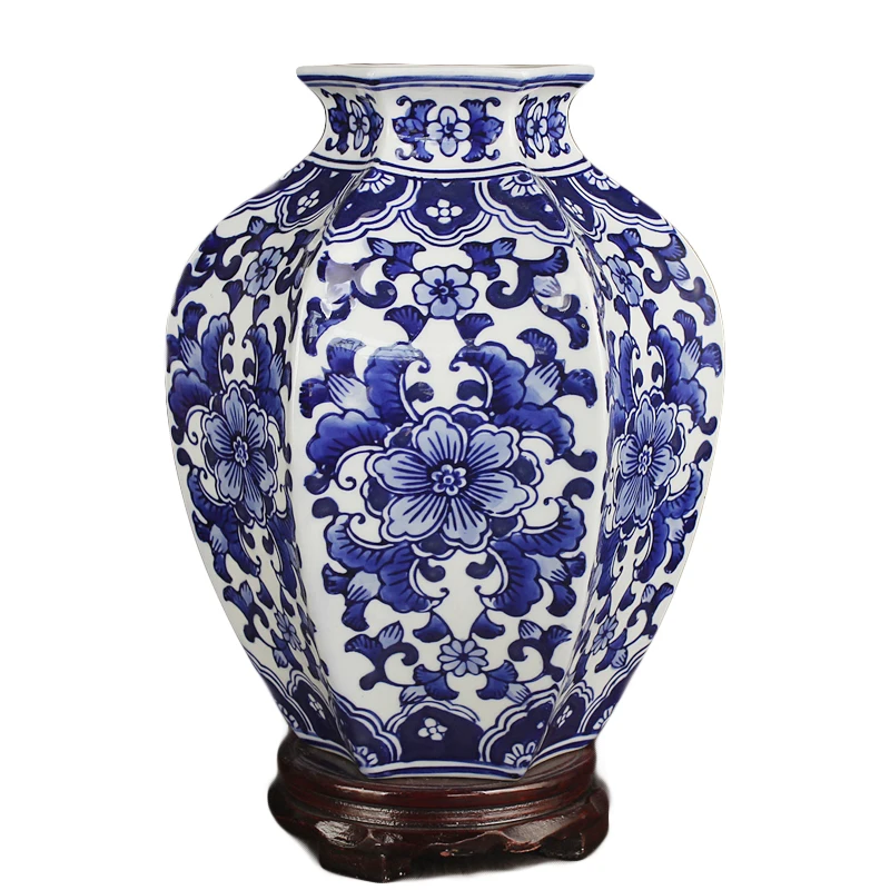 

Jingdezhen ceramics classical hand-painted blue and white lotus hexagon pot vase flower ware porch DECORATION ORNAMENT