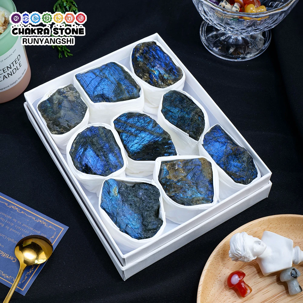 

Natural Blue Light Labradorite Raw Stone Set Healing Crystal Moonstone Mineral Specimens Collection Gift Box Decoration