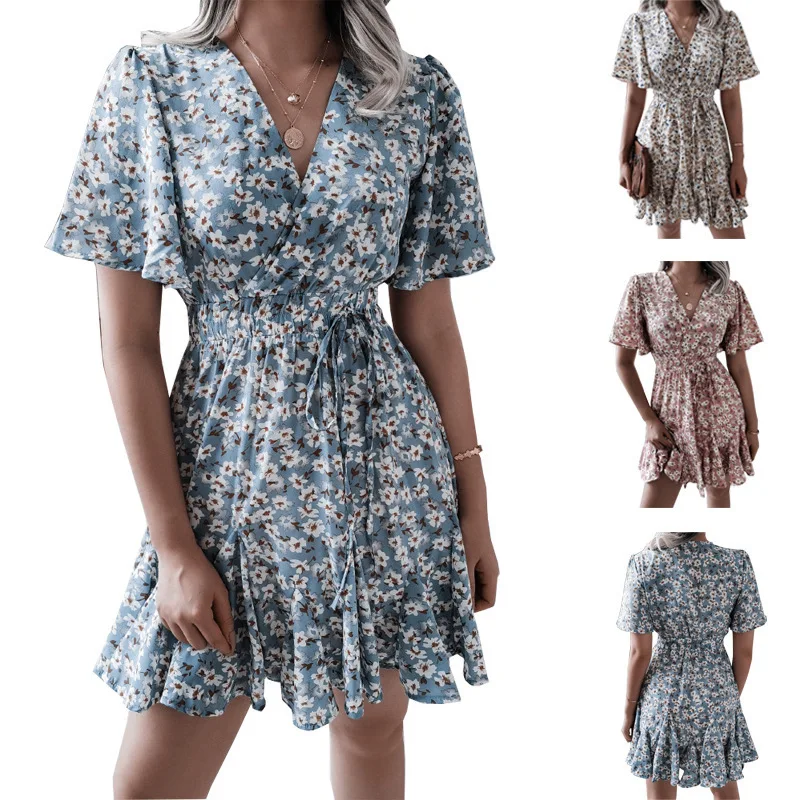 

HI-FASHION Летнее платье с цветочным принтом, женские пляжные мини-платья с коротким рукавом, богемное повседневное свободное коктейльное корот...