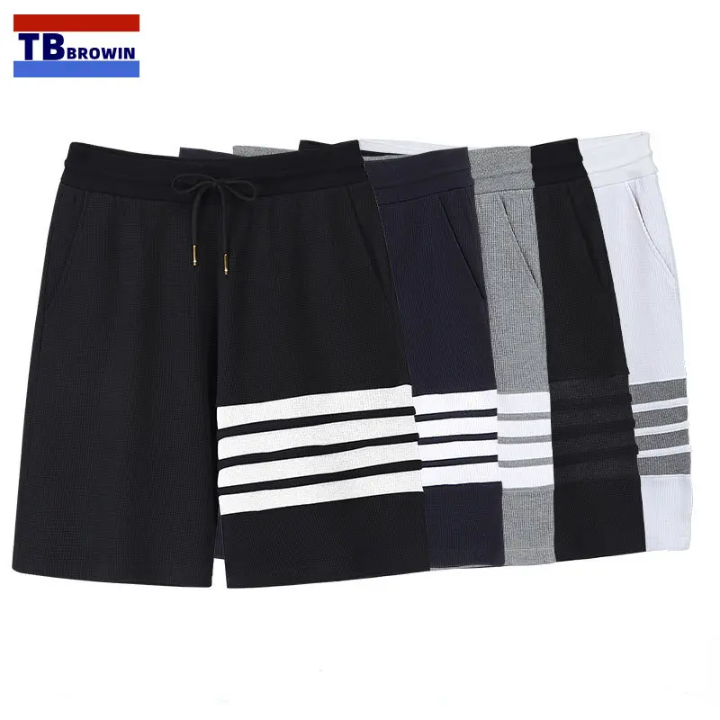 

TB BROWIN Thom Men's Waffle Shorts Summer Casual Pure Cotton Thick Pants Fashion Four Bar Stripes Drawstring Shorts for Men Y2k