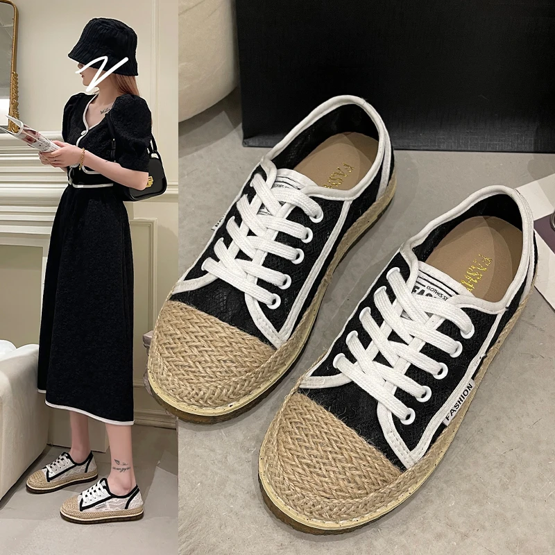

New Ladies Small Fragrance Flat Lace-Up Breathable Mesh Slip-On Cloth Shoes Low-Top Shoes Hemp Rope Fisherman's Shoes Loafers