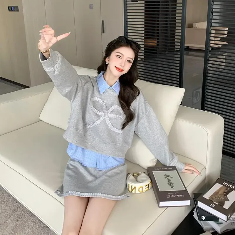 2024 укороченный свитшот с длинными рукавами полосатое нижнее белье юбка комплект