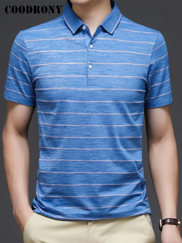

COODRONY Brand Striped Turn-Down Collar T-Shirts Men Clothing Summer New Arrival Streetwear Casual Short Sleeve Tees Z5101S