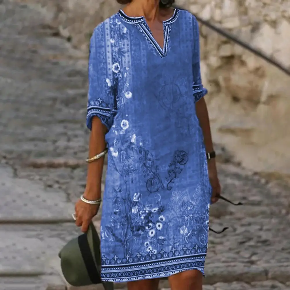 Cotton Linen Dress Womens Vintage Floral Print V Neck Dresses Length Medium Half Sleeve Dress With Pockets Sundress