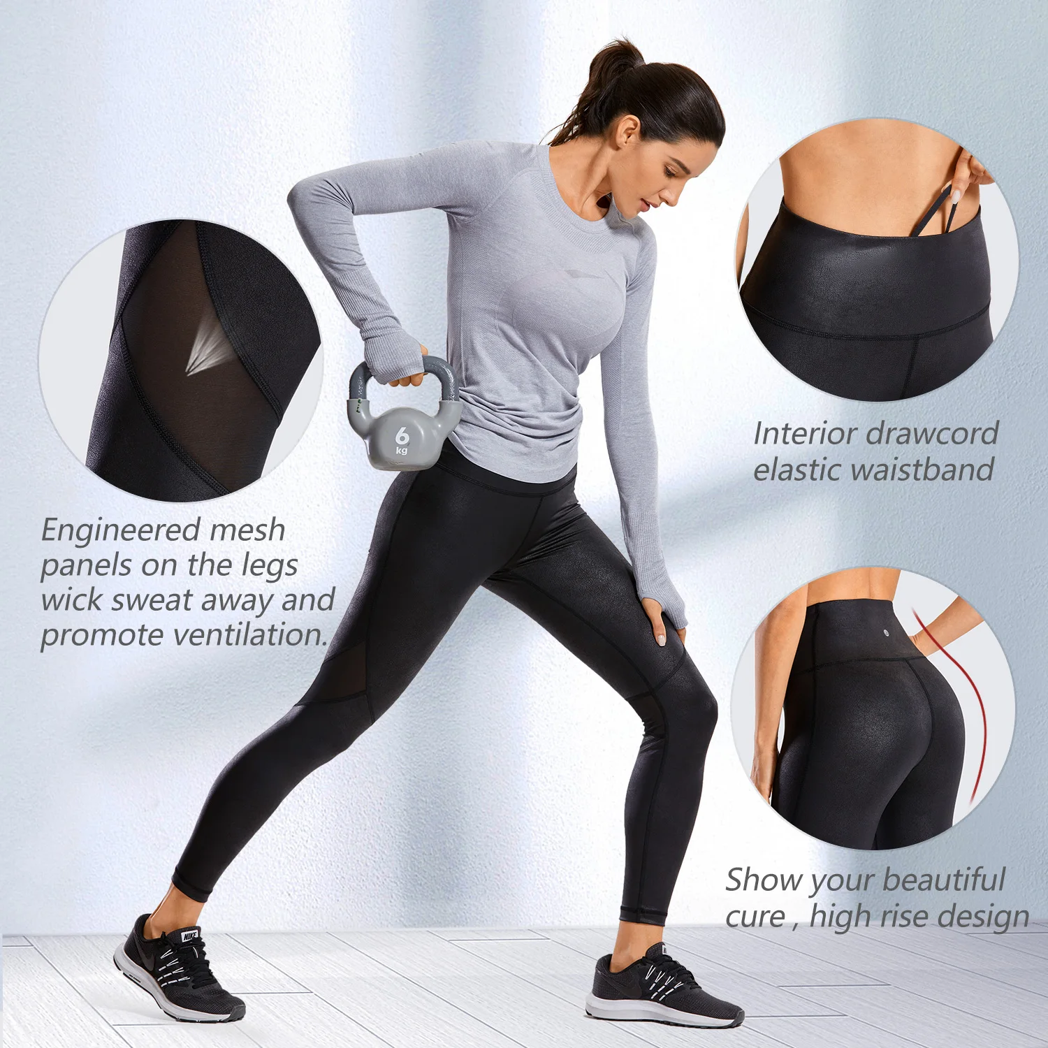 CRZ YOGA Women's Matte Coated Faux Leather Texture Legging Workout Mesh Tight Pants with Drawcord-25 inches