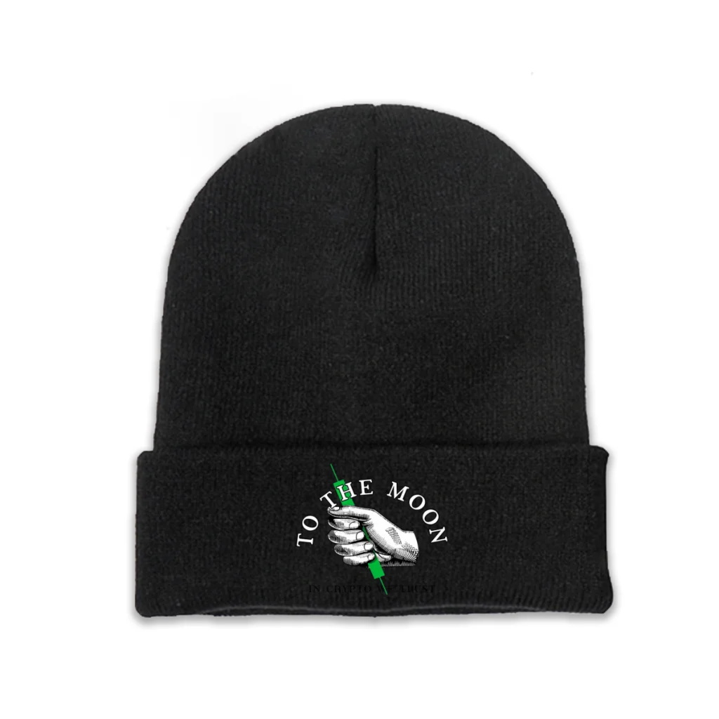 

Blockchain Data Structure Art Skullies Beanies Caps To the Moon In Crypto We Trust Black Knitted Warm Bonnet Hats Unisex Ski Cap