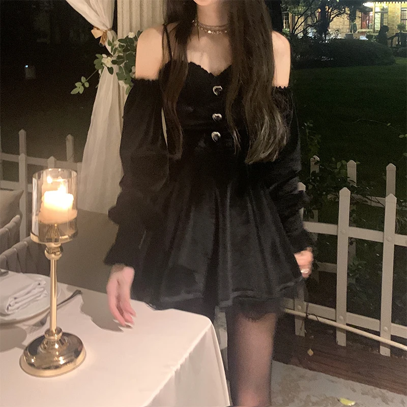 

Vintage Black V-Neck Velvet Dress Evening Party Long Sleeve Mini Maxi Dress for Women Elegant One Piece Dress Korean Spring 2022