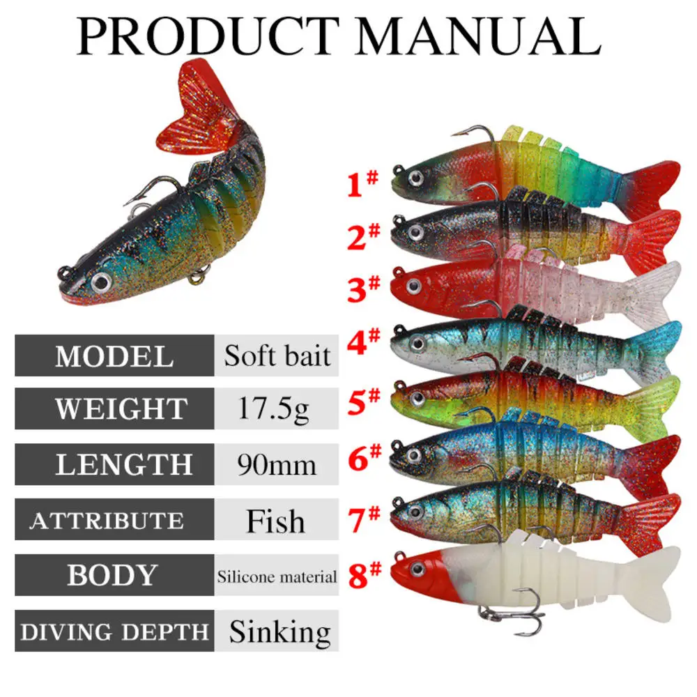 

9cm-17.5g Sinking Swimbait Fishing Lure Bionic Luya Bait 8 Multi Sections Silicone Artificial Soft Lure Bass Fishing Tools