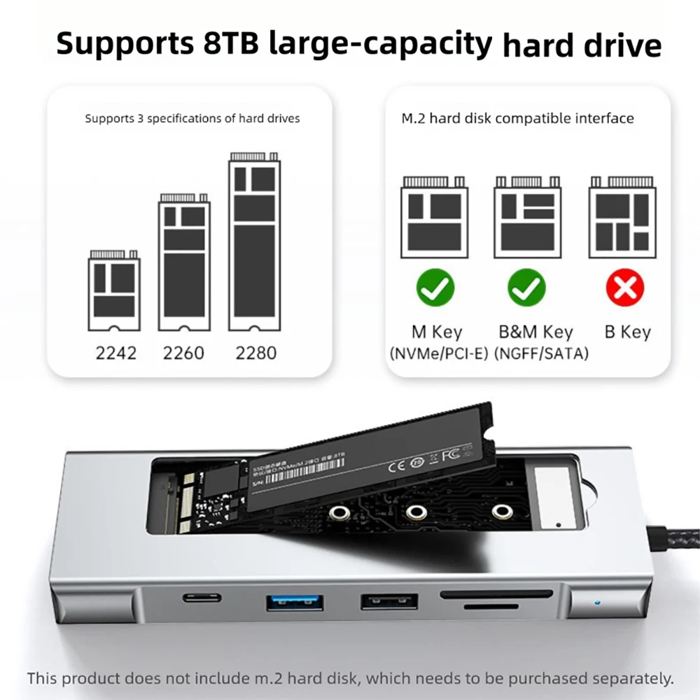 KEBIDUMEI M.2 SSD Enclosure USB C Hub Splitter PD100W Extension Docking Station 10Gbps M2 NVMe External Case 4K 60HzHDMI Adapter (art.: 3920db402622b) - 3920db402622b